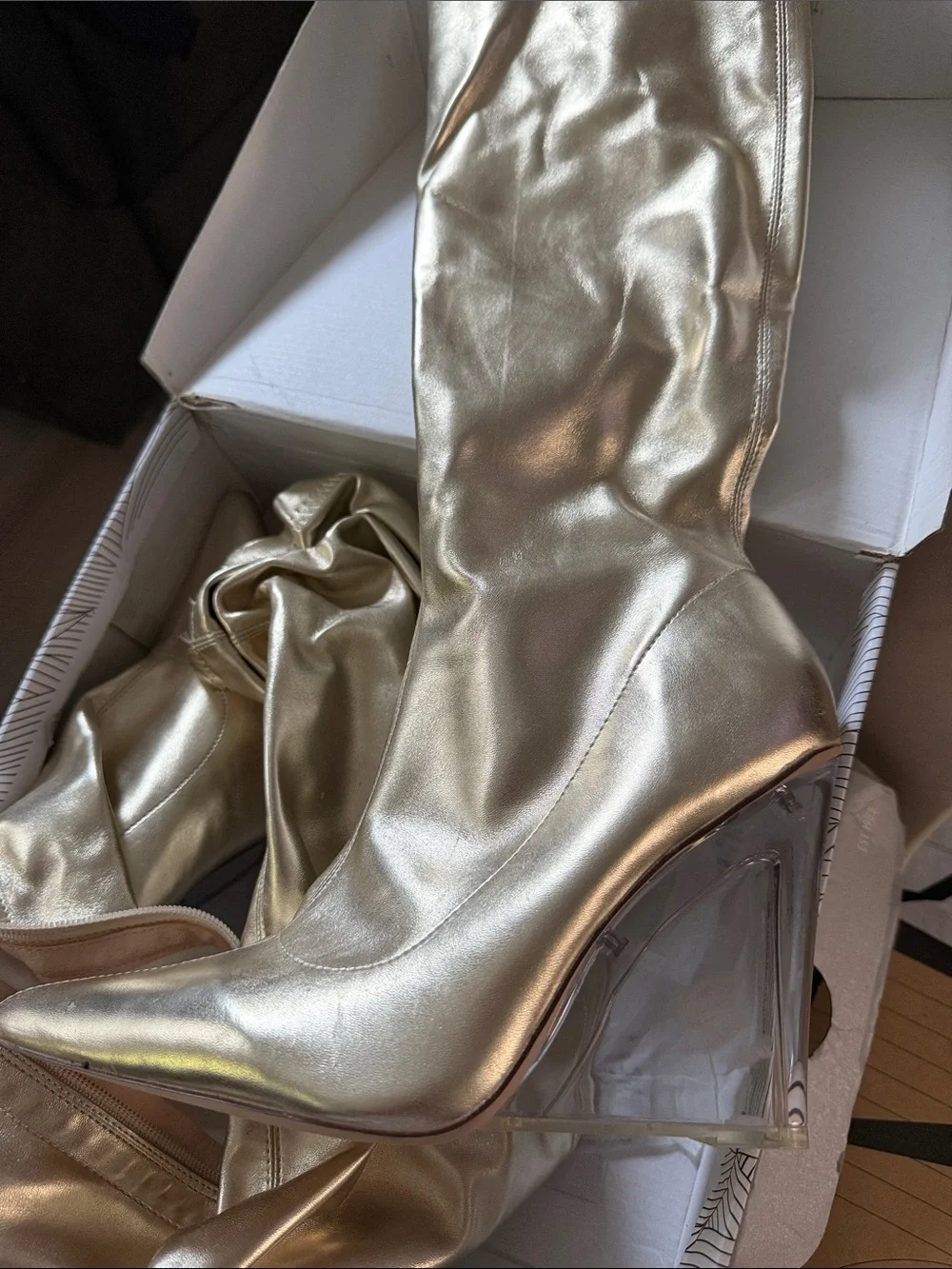 Gold Metallic Pointed Knee-High Boots with Clear Wedge Heel
